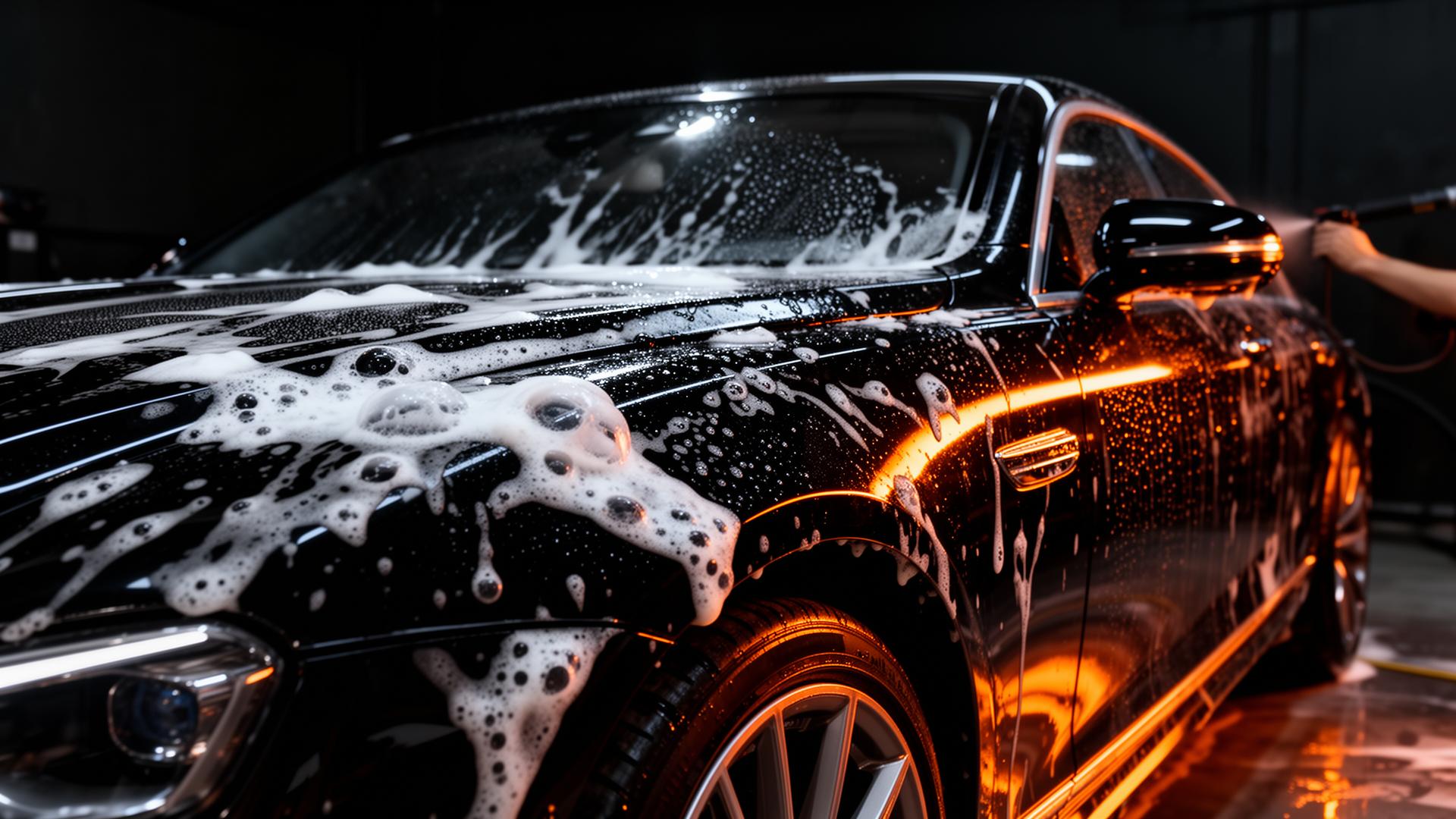 Glossy black car being detailed with foam and water